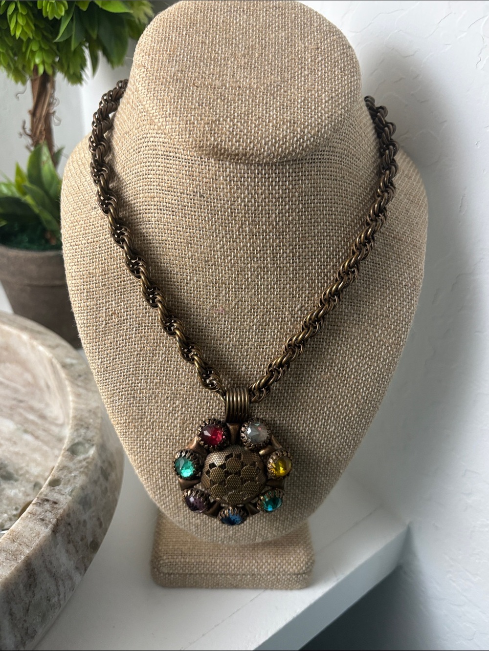 Vintage art deco Crystal necklace antique Brass chunky chain